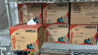 WIRE RACK WITH ASSORTED ITEMS TO INCLUDE: SPILLMASTER CONTAINERS, ULINE NITRILE GLOVES, WYPALL CLEANING CLOTHS, DISPOSABLE ARM SLEEVES, HEAVY DUTY ALUMINUM FOIL, ETC. - 2