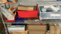 WIRE RACK WITH ASSORTED ITEMS TO INCLUDE: SPILLMASTER CONTAINERS, ULINE NITRILE GLOVES, WYPALL CLEANING CLOTHS, DISPOSABLE ARM SLEEVES, HEAVY DUTY ALUMINUM FOIL, ETC. - 3