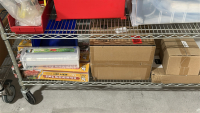 WIRE RACK WITH ASSORTED ITEMS TO INCLUDE: SPILLMASTER CONTAINERS, ULINE NITRILE GLOVES, WYPALL CLEANING CLOTHS, DISPOSABLE ARM SLEEVES, HEAVY DUTY ALUMINUM FOIL, ETC. - 4