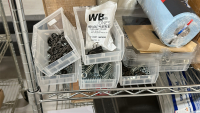 WIRE RACK WITH ASSORTED ITEMS TO INCLUDE: ZEUS 50' TUBING, ULINE HEAVY UNIVERSAL PADS, WB JONES SPRINGS, WASHERS, SILVER SHIELD GLOVES, ETC. - 3