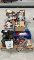 LOT OF (2) PALLETS OF ASSORTED HARDWARE, TO INCLUDE: 30 GA. WIRE SPOOLS, ELECTRICAL WIRE CONNECTORS, LITHIUM ION BATTERIES, ULINE FOAM EARPLUGS, MASONRY SCREW SCREW ANCHORS, ETC.