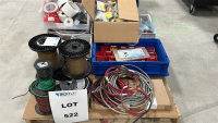 LOT OF (2) PALLETS OF ASSORTED HARDWARE, TO INCLUDE: 30 GA. WIRE SPOOLS, ELECTRICAL WIRE CONNECTORS, LITHIUM ION BATTERIES, ULINE FOAM EARPLUGS, MASONRY SCREW SCREW ANCHORS, ETC. - 2