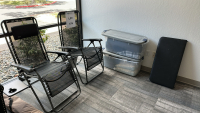 LOT OF (2) MESH LAWN LOUNGE CHAIRS, W/ COLEMAN TRAILHEAD II COT, FOLDABLE TABLE, BLANKETS, ETC.