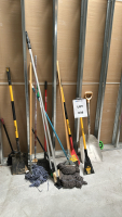 LOT OF ASSORTED CUSTODIAL TOOLS, TO INCLUDE: BROOMS, MOPS, SPADES, ETC.