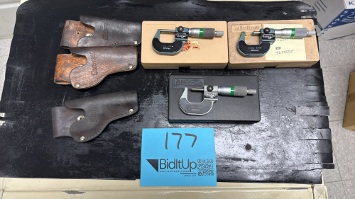 (2) Mitutoyo 0-20mm Micrometer (1) Mitutoyo 0-25mm Micrometer and (3) Starrett Leather 1" Micrometer Holsters