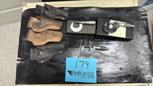 (1) Mitutoyo 0-20mm Micrometer. (2) Mitutoyo 0-25mm Micrometer and (4) Starrett 1" Leather Micrometer Holsters.