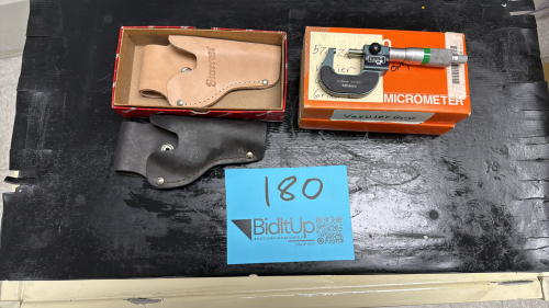 (2) Mitutoyo 0-25mm Micrometers and (2) Starrett Leather 1" Micrometer Holsters