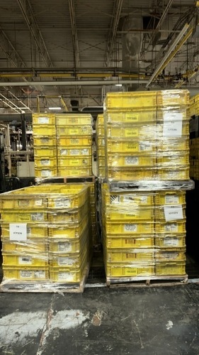LOT (11) PALLETS YELLOW BINS