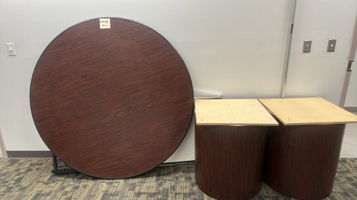 LOT (2) 60" ROUND TABLES AND PODIUM