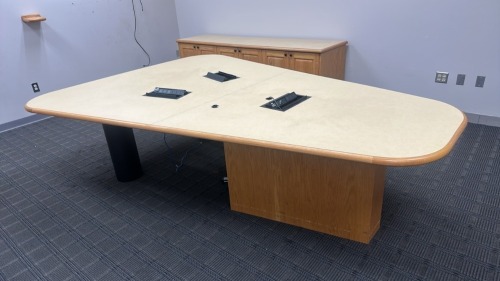 LOT 112" L TRIANGLE SHAPE CONFERENCE TABLE WITH 98" L CREDENZA AND 84" L PODIUM