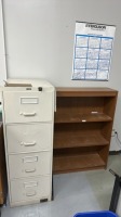 LOT ASST'D FURNITURE: DESK WITH RIGH RETURN, 4 DRW FILE CABINET, WOOD BOOKCASE, BLACK METAL STORAGE CABINET, (2) SMALL DESKS, AND (3) OFFICE CHAIRS - 2