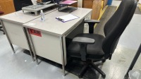 LOT ASST'D FURNITURE: DESK WITH RIGH RETURN, 4 DRW FILE CABINET, WOOD BOOKCASE, BLACK METAL STORAGE CABINET, (2) SMALL DESKS, AND (3) OFFICE CHAIRS - 4