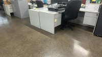 LOT OF ASSTD FURNITURE: (12) DESK WITH RETURNS, (11) OFFICE CHAIRS, (1) SMALL STORAGE CABINET, (1) SMALL TABLE WITH 3 STACKING CHAIRS, (3) METAL BOOKCASE WITH GLASS DOORS, 1) DESK, (1) 2-DRW LATERAL FILE