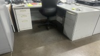 LOT OF ASSTD FURNITURE: (12) DESK WITH RETURNS, (11) OFFICE CHAIRS, (1) SMALL STORAGE CABINET, (1) SMALL TABLE WITH 3 STACKING CHAIRS, (3) METAL BOOKCASE WITH GLASS DOORS, 1) DESK, (1) 2-DRW LATERAL FILE - 2