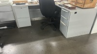 LOT OF ASSTD FURNITURE: (12) DESK WITH RETURNS, (11) OFFICE CHAIRS, (1) SMALL STORAGE CABINET, (1) SMALL TABLE WITH 3 STACKING CHAIRS, (3) METAL BOOKCASE WITH GLASS DOORS, 1) DESK, (1) 2-DRW LATERAL FILE - 3