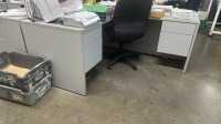 LOT OF ASSTD FURNITURE: (12) DESK WITH RETURNS, (11) OFFICE CHAIRS, (1) SMALL STORAGE CABINET, (1) SMALL TABLE WITH 3 STACKING CHAIRS, (3) METAL BOOKCASE WITH GLASS DOORS, 1) DESK, (1) 2-DRW LATERAL FILE - 4