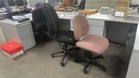 LOT OF ASSTD FURNITURE: (12) DESK WITH RETURNS, (11) OFFICE CHAIRS, (1) SMALL STORAGE CABINET, (1) SMALL TABLE WITH 3 STACKING CHAIRS, (3) METAL BOOKCASE WITH GLASS DOORS, 1) DESK, (1) 2-DRW LATERAL FILE - 5