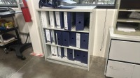 LOT OF ASSTD FURNITURE: (12) DESK WITH RETURNS, (11) OFFICE CHAIRS, (1) SMALL STORAGE CABINET, (1) SMALL TABLE WITH 3 STACKING CHAIRS, (3) METAL BOOKCASE WITH GLASS DOORS, 1) DESK, (1) 2-DRW LATERAL FILE - 7