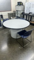 LOT OF ASSTD FURNITURE: (12) DESK WITH RETURNS, (11) OFFICE CHAIRS, (1) SMALL STORAGE CABINET, (1) SMALL TABLE WITH 3 STACKING CHAIRS, (3) METAL BOOKCASE WITH GLASS DOORS, 1) DESK, (1) 2-DRW LATERAL FILE - 8