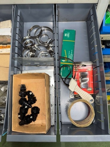 CONTENTS OF BINS, CIRCUIT BREAKER ACCESSORIES, O-RINGS, KNOBS, METER CLIPS, RETAINING RINGS, AND ASSORTED HARDWARE