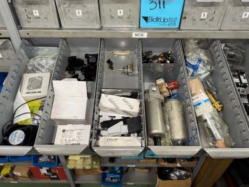 CONTENTS OF BINS, CIRCUIT BREAKERS, FITTINGS, FILTERS, BALLUFF PROXI SWITCHES, FANS