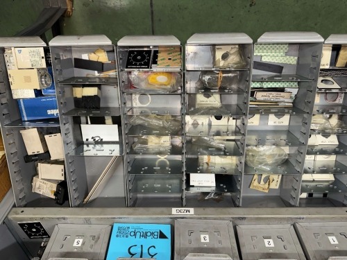 CONTENTS OF BINS, OMRON AND IDEL TIMERS, AND ASSORTED LABEL PLATES