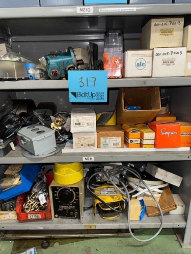 LOT 3 SHELVES OF ASSORTED VALVES, ENCLOSURES, TIMING CONTROLS, FOOT PEDALS, REGULATORS, METER RELAYS, TAPE, SEAL STRIPS, ZIP TIES