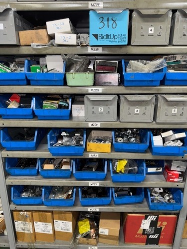LOT 7 SHELVES OF ASSORTED, TIMERS, RELAYS, PLATES, CONNECTORS, HARDWARE, HOUSINGS, COVERS