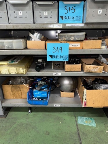 LOT 3 SHELVES OF ASSORTED CABLE CLAMPS, VALVES, PLATES ETC.