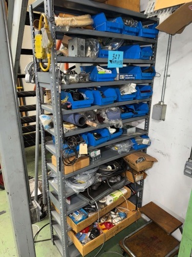 RACK WITH CONTENTS, CABLES, BRUSHES, WIRE, ENCLOSURES, PIN BOXES, PIPE BENDERS