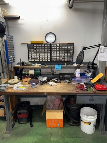 WORKBENCH WITH CONTENTS ELECTRICAL WIRE, RESISTORS, CAPACITORS, CONNECTORS, RECTIFIERS, HEAT SHRINK