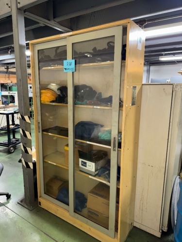 STORAGE CABINET WITH CONTENTS, HELMETS, ARM SLEEVES, AND HARNESSES