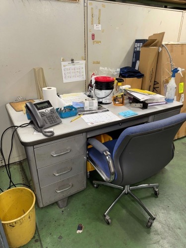 STEEL DESK WITH (3) ASSORTED CHAIRS