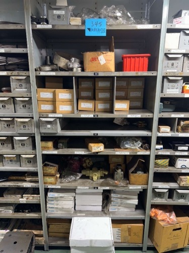 LOT 8 SHELVES OF ASSORTED GAGES, TROLLY WHEELS, VALVES AND CHAIN
