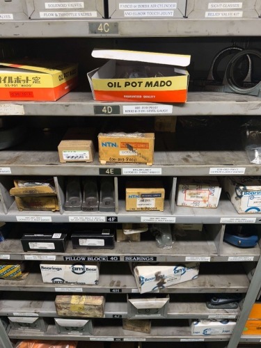 LOT 11 SHELVES OF ASSORTED SOLENOID VALVES, AIR CYLINDERS, AIR COUPLERS, BOLT FLANGES, BLOCK INSERTS, AND BEARINGS