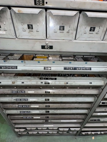 LOT 10 SHELVES OF ASSORTED HARDWARE, NUTS, BOLT, WASHERS ETC.