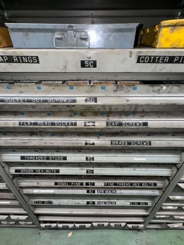 LOT 11 SHELVES OF ASSORTED HARDWARE, NUTS, BOLT, WASHERS ETC.