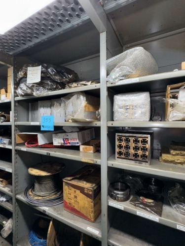 LOT 10 SHELVES OF ASSORTED HEATER ELEMENTS, WIRE CABLE, SHIFT LOCK NUTS AND WASHERS