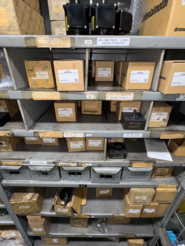LOT 10 SHELVES OF ASSORTED ORIENTAL MOTOR, MOTORS, GEARHEADS, AND SHAFTS