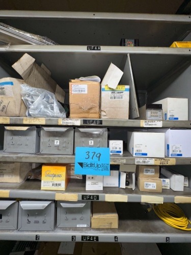 LOT 5 SHELVES OF ASSORTED COUNTERS, TIMERS, FLOW CONTROLLERS, VALVES, METERS, ETC.