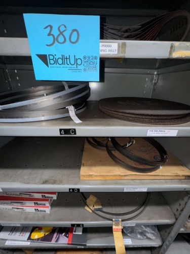 LOT 5 SHELVES OF ASSORTED BAND SAW BLADES AND CUTOFF SAW WHEELS