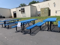 LOT (3) Blue Metal Outdoor Picnic Table, Rectangular, Seating 6-8, Perforated Design