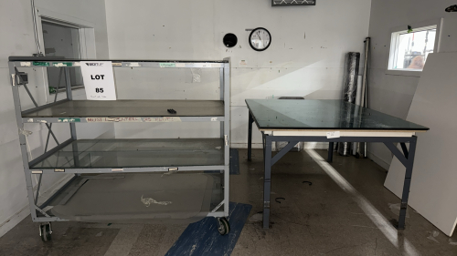 LOT (1) METAL 4-SHELF CART AND METAL TABLE WITH GLASS TOP