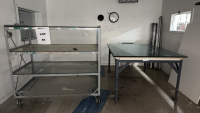 LOT (1) METAL 4-SHELF CART AND METAL TABLE WITH GLASS TOP