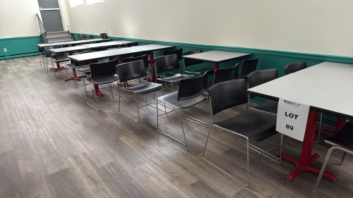 LOT (17) LUNCH ROOM TABLES AND (55) BLACK STACKING CHAIRS