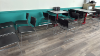 LOT (17) LUNCH ROOM TABLES AND (55) BLACK STACKING CHAIRS - 2