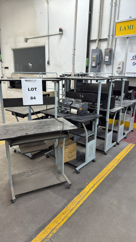 LOT (8) SMALL COMPUTER DESKS WITH POWER STRIP