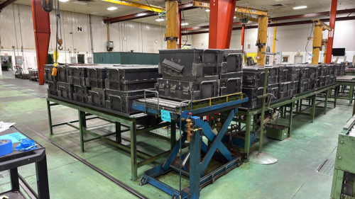 (1) hydraulic lift table with roller conveyor top, (6) roller conveyors, (1) roller ball conveyor (68) metal ball cans