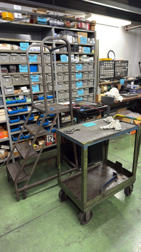 Work cart, computer Tech cart and metal stairs on wheels