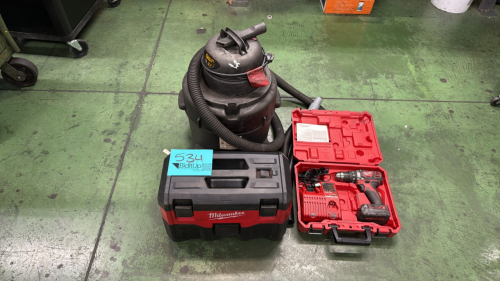 Milwaukee shop vac, Milwaukee cordless drill, and QSR 3.5 shop vac